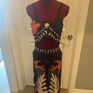 Commense bird print cut out one piece swimsuit and sheer skirt coverup